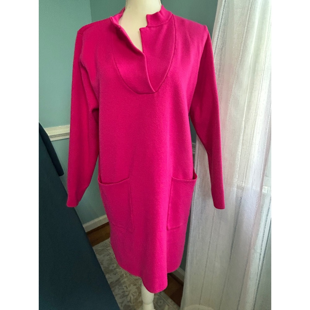Ethyll Starburst Hot Pink Split Neck Knit Tunic Sweater with Pockets 23079PNK L